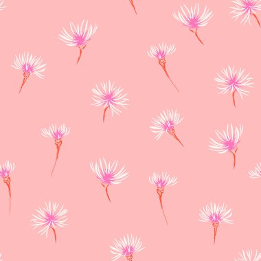 Yumuşak pastel pembe arka planda narin beyaz ve pembe çiçek tomurcukları olan kusursuz vektör deseni. Kumaş, ambalaj ve dekor için zarif botanik tasarımı