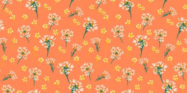 Beyaz papatyalar ve sıcak mercan arka planında sarı kır çiçekleri olan kusursuz vektör deseni. Kumaş, duvar kağıdı, ambalaj, dekor için zarif botanik tasarımı