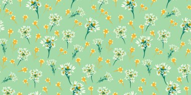 Beyaz papatyalar ve yumuşak yeşil arka planda sarı kır çiçekleri olan kusursuz vektör deseni. Kumaş, duvar kağıdı, ambalaj, dekor için taze çayır tasarımı