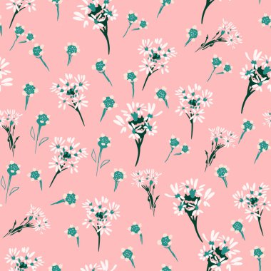 Narin beyaz papatyaları ve yumuşak pembe arka planda yeşil kır çiçekleri olan kusursuz bir vektör deseni. Kumaş, duvar kağıdı, ambalaj, dekor için zarif botanik tasarımı