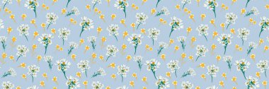 Beyaz papatyalar ve yumuşak mavi arka planda sarı kır çiçekleri olan kusursuz vektör deseni. Kumaş, duvar kağıdı, ambalaj, dekor için zarif çayır tasarımı