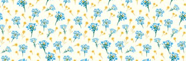 Açık krem arka planında mavi ve sarı kır çiçekleri olan kusursuz vektör deseni. Kumaş, duvar kağıdı, ambalaj, dekor için zarif çayır tasarımı