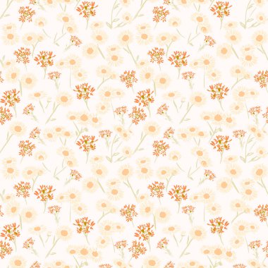 Kusursuz çiçek desenli bej papatyalar ve açık krem arka planda turuncu kır çiçekleri. Tekstil, duvar kâğıtları, ambalaj ve sonbahar temalı tasarımlar için şablon