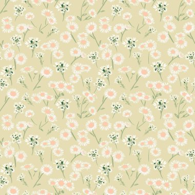 Yumuşak pembe papatyaları ve sıcak bej arka planda yaban çiçekleri olan kusursuz vektör deseni. Kumaş, duvar kağıdı, ambalaj ve bahar dekorasyonu için tasarımlar
