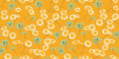 Beyaz papatyalar ve sıcak hardal sarısı arka planda mavi kır çiçekleriyle kusursuz vektör deseni. Tekstil, bahar tasarımları ve klasik projeler için tasarımlar