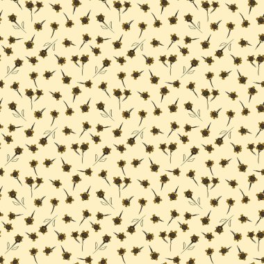 Bej arka planda küçük koyu çiçekli kusursuz vektör deseni. Klasik kumaş, duvar kağıdı, ambalaj kağıdı ve zarif botanik tasarımlar için şablon