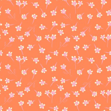 Pembe ve kremalı çiçeklerle turuncu arka planda kusursuz bir vektör deseni. Bahar ve yaz tekstil ürünleri, hediye paketi ve dekoratif baskılar için tasarımlar