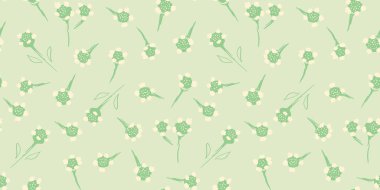 Yumuşak pastel arka planda minik yeşil ve krema çiçekleri olan kusursuz vektör deseni. Bahar tekstil ürünleri, hediye paketi, duvar kağıtları ve dekoratif projeler için tasarımlar