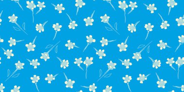 Kusursuz vektör desenli, küçük krema çiçekleri ve parlak mavi arka planda narin yapraklar. Kumaş, duvar kâğıdı ve kırtasiye malzemeleri için minimal ve taze tasarım