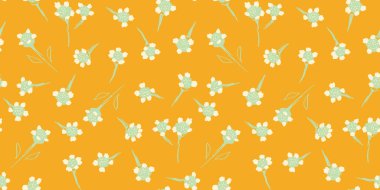 Nane yeşili çiçekleri ve sıcak hardal arkaplanda krema yaprakları olan kusursuz vektör deseni. Tekstil, ambalaj ve dekor için zarif, minimal tasarım