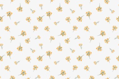 Yumuşak bir ışık arka planında küçük sarı turuncu kır çiçekleri olan kusursuz bir vektör deseni. Kumaş, ambalaj, kağıt ve bahar dekorasyonu için taze ve minimal tasarım