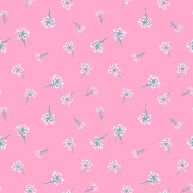 Kusursuz çiçek desenli, narin beyaz çiçekleri ve parlak pembe arka planda deniz mavisi sapları var. Kumaş, ambalaj kağıdı ve bahar dekorasyonu için tasarımlar.