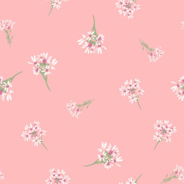 Yumuşak, pembe arka planda küçük beyaz ve pembe papatya buketleri olan kusursuz çiçek vektörü. Kumaş, kırtasiye ve duvar kağıdı için hassas botanik desen
