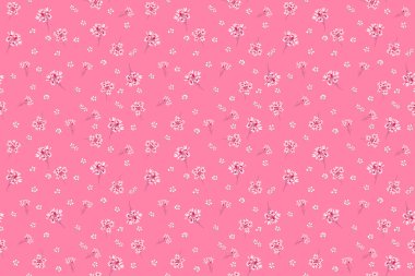 Kusursuz çiçek desenli, pembe ve beyaz kır çiçekleriyle canlı bir gül arkaplanı. Kumaş, duvar kağıdı ve ambalaj için romantik botanik tasarımı