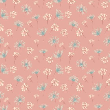 Terracotta arka planında yumuşak bej ve deniz mavisi kır çiçekleriyle kusursuz vektör deseni. Kumaşlar, duvar kağıtları ve dekor için zarif botanik tasarımı