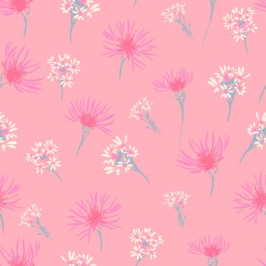 Pembe arka planda pembe ve beyaz kır çiçekleriyle kusursuz vektör deseni. Kumaş, duvar kağıdı, hediye paketi ve romantik bahar veya yaz tasarımları için şablon