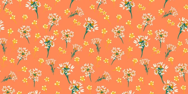 Beyaz papatyalar ve sıcak mercan arka planında sarı kır çiçekleri olan kusursuz vektör deseni. Kumaş, duvar kağıdı, ambalaj, dekor için zarif botanik tasarımı