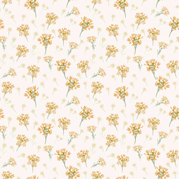 Turuncu kır çiçekleri ve yumuşak krema arkaplanlı kusursuz vektör deseni. Kumaş, duvar kağıdı, ambalaj, bahar dekorasyonu için narin botanik tasarımı