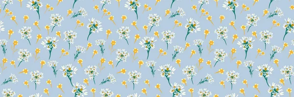 Beyaz papatyalar ve yumuşak mavi arka planda sarı kır çiçekleri olan kusursuz vektör deseni. Kumaş, duvar kağıdı, ambalaj, dekor için zarif çayır tasarımı