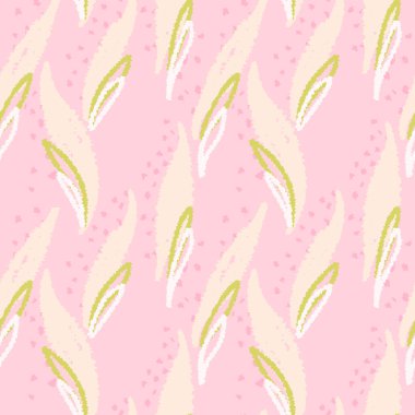 Yumuşak kremalı ve pastel pembe arka planda yeşil el yaprağı şekilli kusursuz soyut vektör deseni. Tekstil, ambalaj kağıdı, ambalaj ve kırtasiye için çağdaş tasarımlar