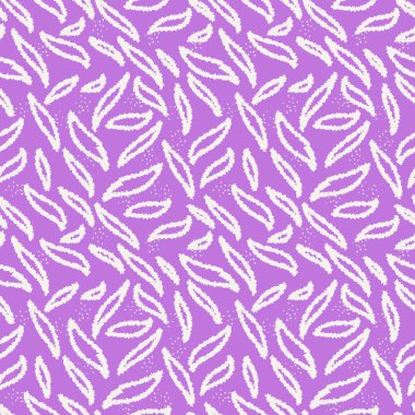 Mor arkaplandaki şekiller gibi soyut beyaz yapraklı kusursuz vektör deseni. Kumaş, duvar kağıdı, ambalaj kağıdı ve yüzey tasarımı için modern dekoratif doku