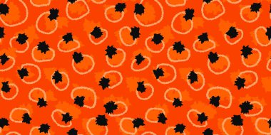 Kalın arkaplanda koyu turuncu ve siyah organik şekillere sahip kusursuz soyut vektör deseni. Kumaş, ambalaj, kırtasiye ve dekor için modern desenli tasarım