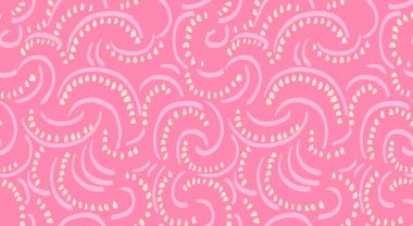 Soyut pembe girdaplı ve noktalı aksanlı kusursuz vektör deseni, oyuncu ve modern bir görünüm yaratıyor. Tekstil, ambalaj kağıdı, duvar kağıdı ve yaratıcı dekor tasarımları