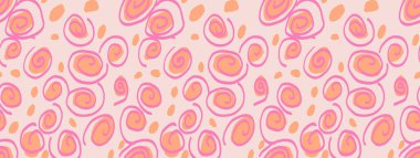Pembe ve turuncu spiralleri ve açık arkaplanda noktaları olan kusursuz bir vektör soyut şablonu. Kumaş, ambalaj, kırtasiye ve dekor için modern karalama tasarımı