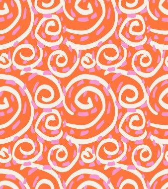 Turuncu arka planda dinamik spiral şekilleri ve pembe fırça darbeleriyle oynak, pürüzsüz vektör deseni. Çocuk ürünleri, tekstil, ambalaj ve yaratıcı tasarımlar için mükemmel.