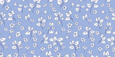 Kusursuz çiçek desenli, narin beyaz çiçekli ve yumuşak mavi arka planda yaprakları var. Kumaş, duvar kağıdı ve ambalaj için zarif botanik tasarımı