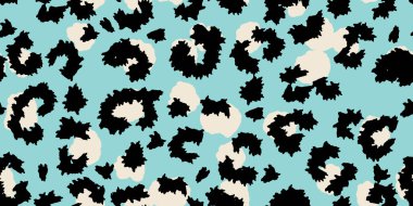 Turkuaz arka planda siyah ve krem lekeli, dikişsiz leopar deseni. Modern moda, dijital kağıt, çocuk kıyafetleri, moda tekstil ve beyan tasarımları için ideal.
