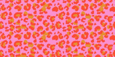 Modern kıvrımlı leopar deseninden esinlenilmiş kusursuz vektör deseni. Parlak pembe arkaplanda sarı aksanlı koyu kırmızı noktalar var. Moda, tekstil ve tasarım için mükemmel.