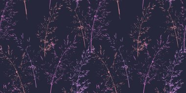Kusursuz vektör deseni, koyu mavi bir arka planda parlak neon pembe ve mor renkli narin çiçek saplarını içerir. Modern ve soyut botanik tasarımı moda, tekstil, dijital baskılar