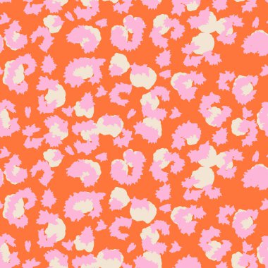 Kalın leopar desenli, modaya uygun bir vektör deseni. Turuncu arka planda bej merkezli parlak pembe noktalar eğlenceli ve göz alıcı bir hayvan tasarımı yaratır.