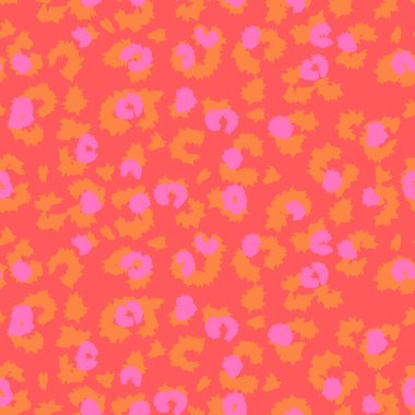 Kırmızı arkaplan, turuncu çizgiler ve pembe aksanlı modaya uygun leopar desenli vektör deseni. Moda için mükemmel, çocuklar giyer, kırtasiye malzemesi, ve eğlenceli markalaşma projeleri