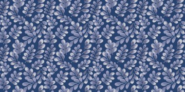 Elle boyanmış suluboya yapraklarla donanma arka planında kusursuz vektör deseni. Organik botanik tarzı onu tekstil, duvar kağıtları, ambalaj ve modern tasarım projesi için ideal hale getiriyor.