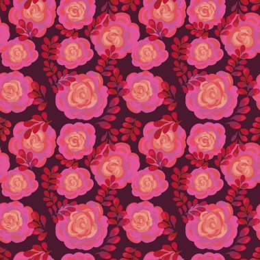 Kusursuz çiçek desenli el boyalı pembe güller ve koyu kırmızı yapraklar. Zarif suluboya stili tekstil, duvar kağıtları, kırtasiye ve ambalaj için mükemmeldir..