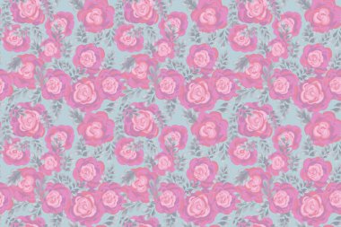 Kusursuz vektör desenli, el boyalı pembe güller ve sessiz turkuaz arka planda yapraklar. Zarif, sanatsal, tekstil, duvar kağıtları, ambalaj, moda tasarım projeleri için mükemmel.