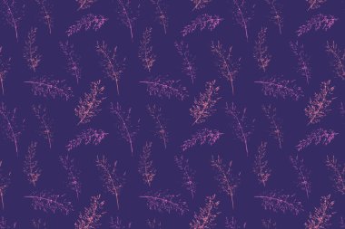 Elle çizilmiş yaban otları, donanma arka planında pembe ve turuncu renkli zarif, pürüzsüz vektör deseni. Kumaşlar, duvar kağıtları, ambalajlama, damgalama için hassas, minimalist bir botanik tasarım.