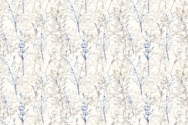 Hassas çiçek sapları ve bej ve mavi tonlarda yabani çim siluetleri olan zarif, pürüzsüz vektör deseni. Kumaş, duvar kağıdı ve dekor için doğal botanik tasarımı