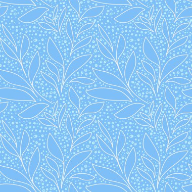 Soyut şekilli kusursuz vektör deseni ve parlak mavi arkaplandaki hassas noktalar. Tekstil, ambalaj, kırtasiye ve modern botanik teması için basit tasarım