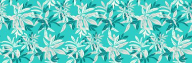Kusursuz tropikal yaprak desenli, elle çizilmiş, turkuaz arka planda yumuşak pembe ve koyu deniz mavisi desenli. Yaz tekstil ürünleri, duvar kağıtları, ambalaj ve yüzey tasarımı için mükemmel..