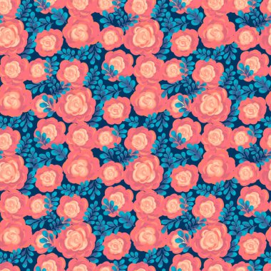 Elle boyanmış turuncu güller ve donanma arka planında mavi yapraklarla kusursuz vektör deseni. Zarif fırça darbesi stili, tekstil, duvar kağıdı, hediye paketi, moda, dekor için mükemmel.