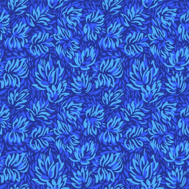 Derin donanma arka planında soyut mavi çiçek şekilli kusursuz vektör deseni. Dekoratif ve modern tasarım tekstil, duvar kağıtları, kırtasiye malzemeleri, moda baskıları için mükemmeldir.