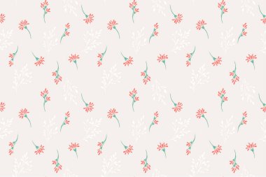 Yumuşak bej arka planda kırmızı çiçekli, ince yapraklı dalları olan kusursuz bir vektör deseni. Kumaş, duvar kağıdı ve dekor için zarif botanik tasarımı