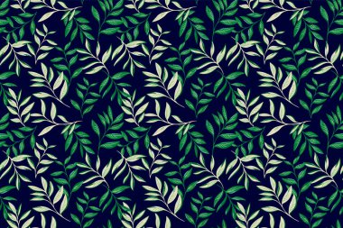 Lekesiz vektör deseni, koyu yeşil yapraklı koyu donanma arka planında. Tekstil, duvar kağıtları, ambalaj ve modern doğa için karmaşık detaylara sahip zarif bir botanik tasarımı.