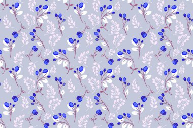 Zarif mavi böğürtlenli kusursuz vektör deseni ve yumuşak gri arka planda narin yapraklar. Kumaşlar, duvar kağıtları, ambalaj kağıdı, ambalaj ve dijital tasarım için botanik el çizimi biçimi