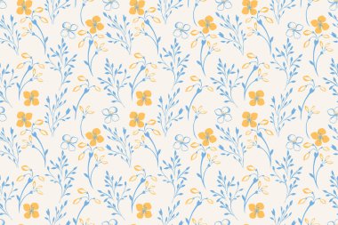 Nazik el çizimi çiçekleri ve yumuşak pastel renklerde yaprakları olan kusursuz çiçek deseni. Tarafsız bir arkaplanda açık mavi ve turuncu elementlerle zarif botanik tasarımı