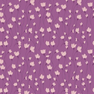 Yumuşak pembe çiçekli ve ince saplı kusursuz vektör desenli mor menekşe arkaplan. Tekstil, duvar kağıtları ve hediye ambalajı için zarif botanik tasarımı