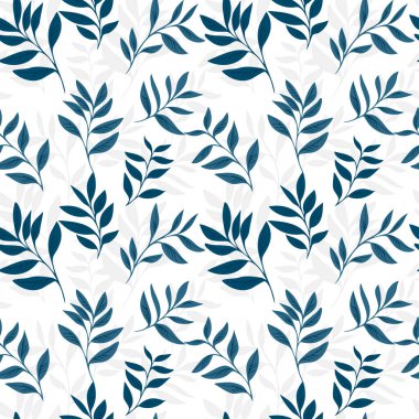 Hafif arkaplanda zarif lacivert yapraklı dalların kusursuz vektör deseni. Tekstil, duvar kağıtları, ambalaj ve dijital baskılar için modern botanik tasarımı